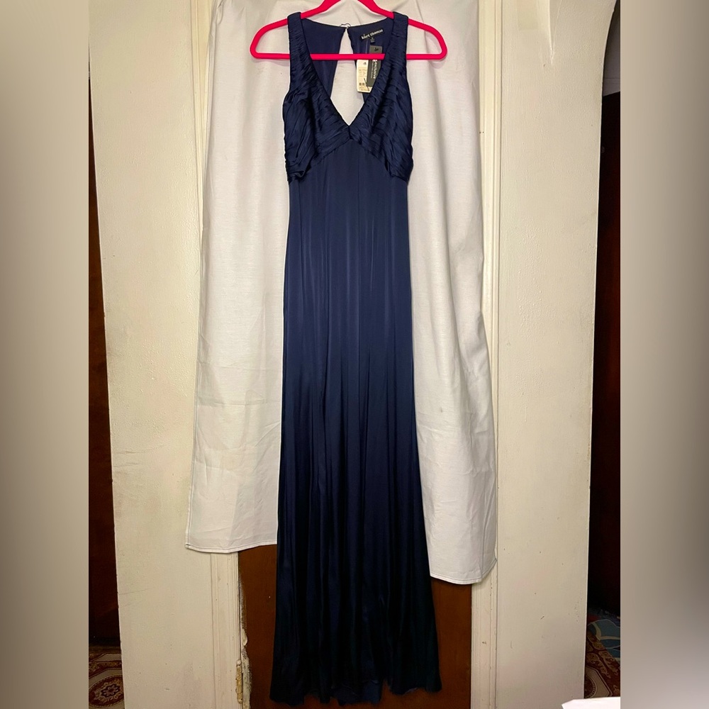 NWT Kurt Thomas Elegant Dark Blue Silk Ruffle Maxi Evening Formal Dress Size 10